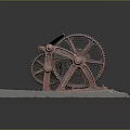 Old Red Mechanical Device With Large Gears On Concrete Platform And Weeds