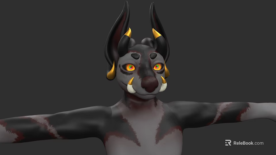3D Mythical Creature Character With Black Body Gray Torso Yellow Eyes And Golden Ear Accents 3d model 