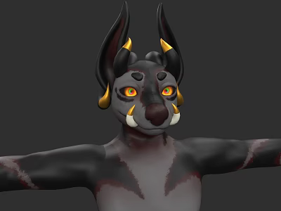 3D Mythical Creature Character With Black Body Gray Torso Yellow Eyes And Golden Ear Accents 3d model