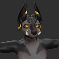 3D Mythical Creature Character With Black Body Gray Torso Yellow Eyes And Golden Ear Accents