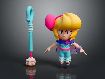 Cartoon Blonde Girl Character In Blue Outfit With Pink Hair Accessory And Small Fluffy Creature 3d model