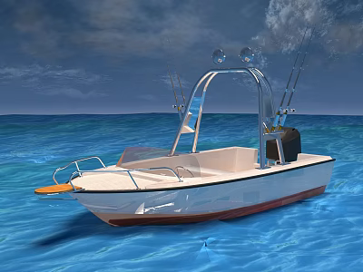 White Fishing Boat On Blue Ocean With Rod Holders And Deck Structure 3d model