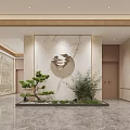 Modern Elevator Lobby Interior Design With Circular Decorative Wall And Green Plants 3d model