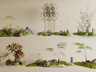 Indoor Landscape Design With Bamboo Rocks Green Plants And Mossy Miniature Scenes 3d model