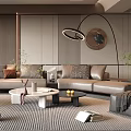 Modern Living Room Interior Design With Beige Sofas Round Coffee Tables Floor Lamp And Bookshelf