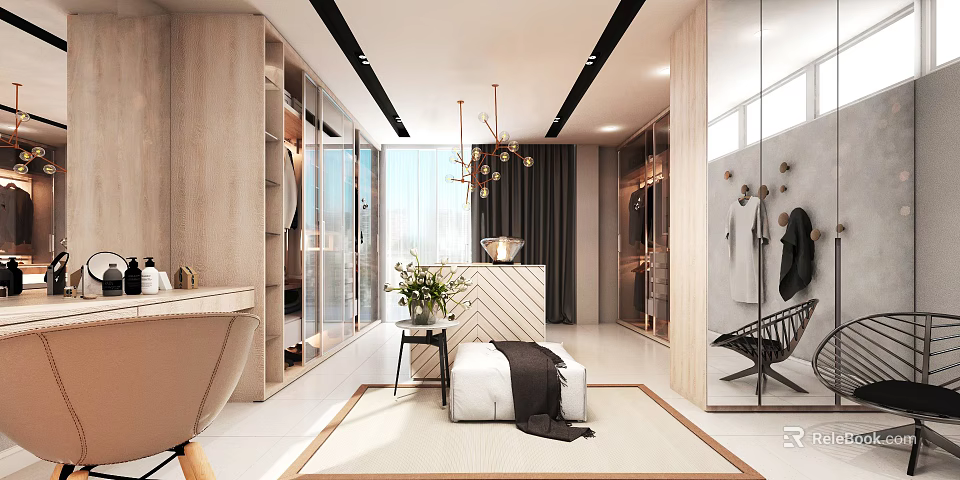 Modern Walk In Closet Interior With Open Wardrobe Chandelier Bench And Potted Plant 3d model 