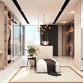 Modern Walk In Closet Interior With Open Wardrobe Chandelier Bench And Potted Plant