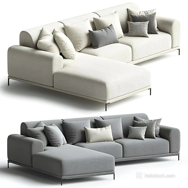 Modern Sectional Sofa With Multiple Decorative Cushions And Ottoman In Neutral Tones 3d model 