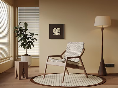 Woven Design Leisure Chair With Wooden Frame And Floor Lamp In Beige Room 3d model