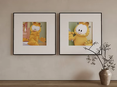 Two Abstract Paintings of Garfield Hanging on Wall with Vase Decoration 3d model