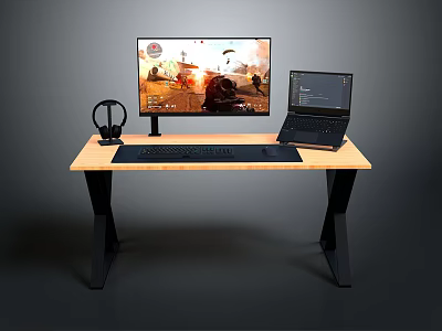 Modern Gaming Desk Setup With Monitor Laptop Headphones Keyboard And Gaming Screen 3d model
