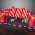 Colorful Striped Tent Shaped Kids Furniture With Red Yellow Canopy And Blue Storage Boxes