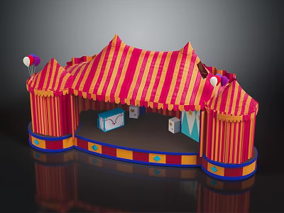 Colorful Striped Tent Shaped Kids Furniture With Red Yellow Canopy And Blue Storage Boxes 3d model