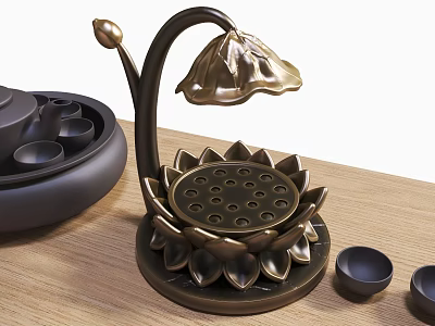 Elegant Bronze Tea Set With Lotus Shaped Tray And Small Cups On Wooden Table 3d model