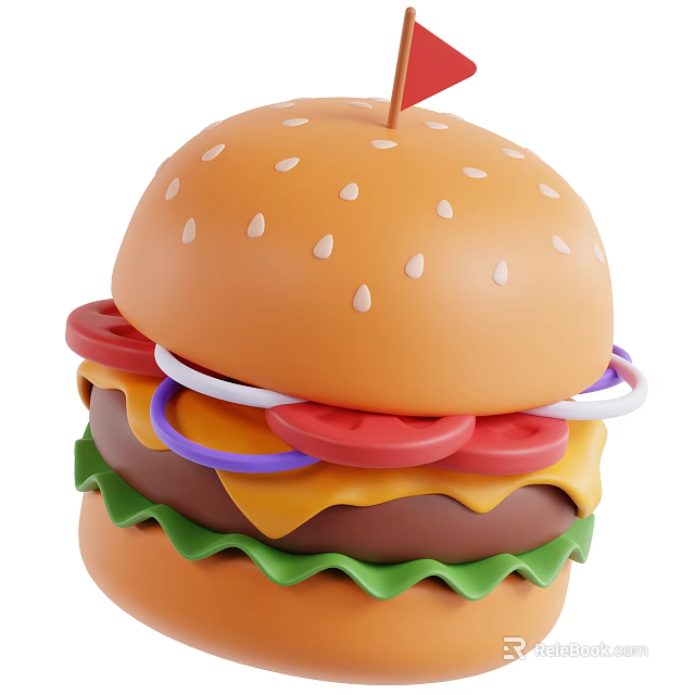 Delicious Burger With Sesame Seed Bun Tomato Slices Onion Rings Lettuce Cheese And Patty 3d model 