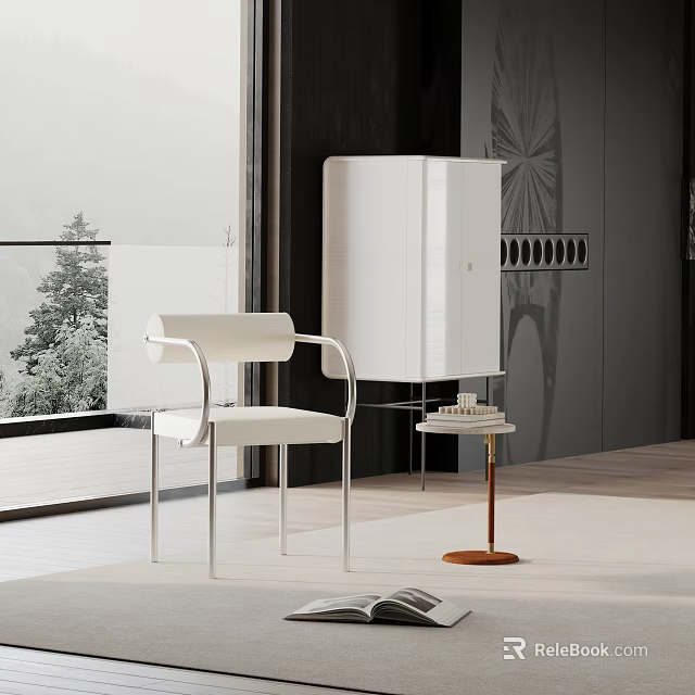 Modern Minimalist Dining Chair With White Fabric Upholstery And Metal Frame Design 3d model 