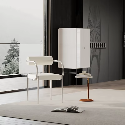 Modern Minimalist Dining Chair With White Fabric Upholstery And Metal Frame Design 3d model