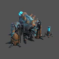 Mechanical Creature Design with Large Main Body and Smaller Auxiliary Machine Featuring Blue Glowing Parts