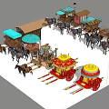Traditional Horse Drawn Carriages With Various Designs And Decorative Elements And Horses