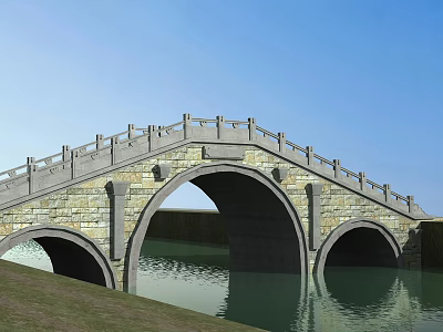 Stone Arched Bridge With Multiple Arches Railing Over Water And Blue Sky 3d model