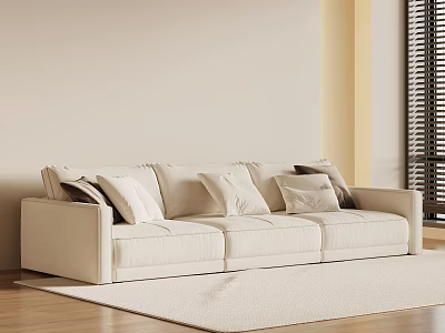 Modern Minimalist Beige Multi-seater Sofa with Cushions on Light Rug and Wooden Floor 3d model