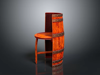 Unique Wooden Bar Stool With Barrel Shaped Backrest And Metal Straps Design 3d model