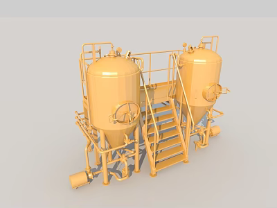 Industrial Equipment Yellow Storage Tanks with Staircase Piping System and Metal Frame 3d model