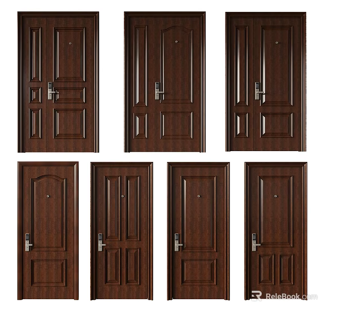 Solid Wood Doors With Various Panel Designs And Metal Handles For Home 3d model