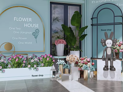 Flower Shop With Fresh Flowers Green Plants And Rabbit Doll Decorative 3d model