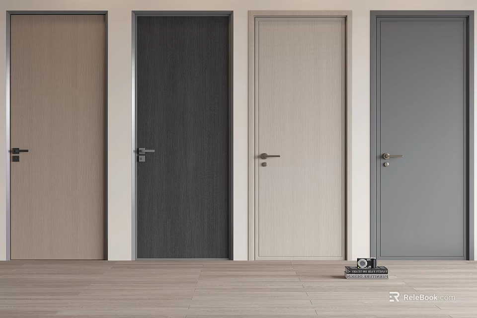 Modern Hinged Doors Interior With Various Colors Wood Texture And Door Handles 3d model 