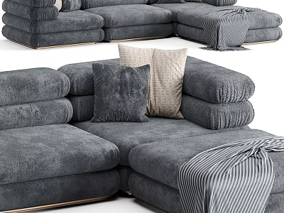 Elegant Modern Gray Sectional Sofa In Soft Fabric With Decorative Pillows And Striped Throw Blanket 3d model