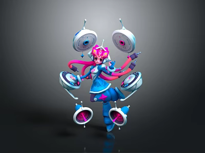 Colorful Futuristic Robot Character With Pink Blue Accents And Floating Circular Devices 3d model