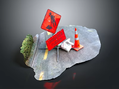 Road Construction Site With Pedestrian Warning Signs Traffic Cones Barrels And Bushes 3d model