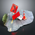 Road Construction Site With Pedestrian Warning Signs Traffic Cones Barrels And Bushes
