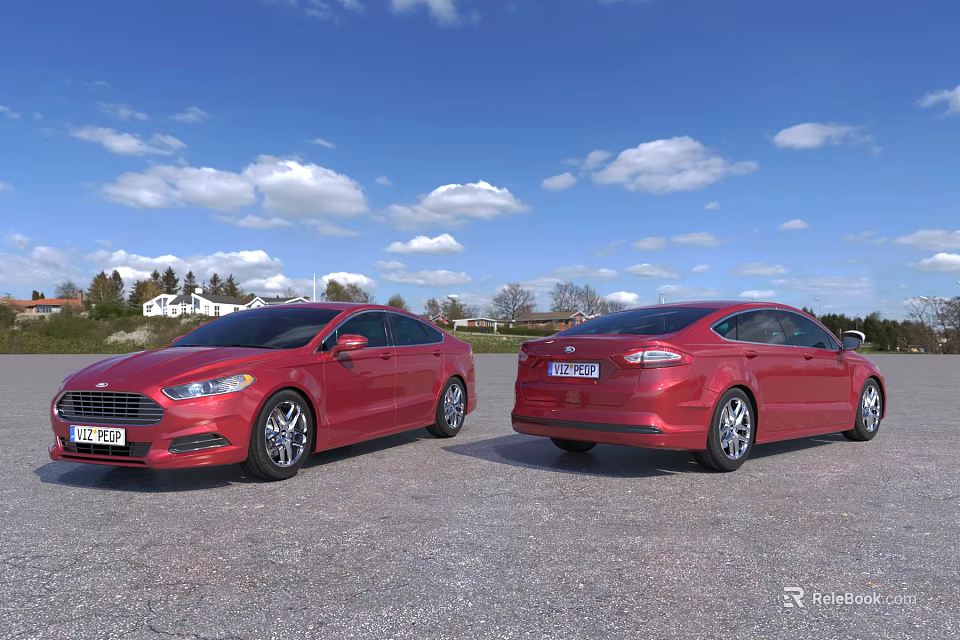 Two Red Sedans Parked In Outdoor Area With Blue Sky And White Clouds 3d model 