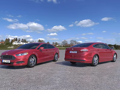 Two Red Sedans Parked In Outdoor Area With Blue Sky And White Clouds 3d model