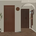 Modern Elevator Hallway Interior Design With Herringbone Wood Floor Decorative Painting Bookshelf And Green Plant