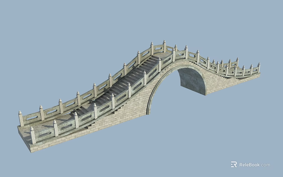 Traditional Chinese Stone Arch Bridge Featuring Ornate Railings And Step Structure 3d model 