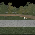 Modern Outdoor Wooden Pergola With Curved Roof Over Stone Paved Floor In Grass Field