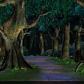 Cartoon Dark Forest Scene With Tall Trees Thick Trunks Vines Pathway And Blue Glowing Lights