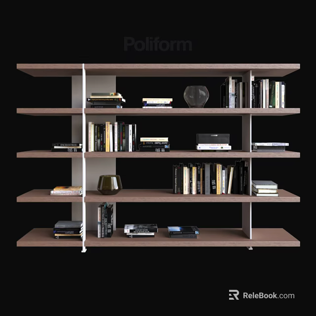 Modern Multi Layered Open Wooden Bookshelf With Stacked Books Decorative Vase And Ornaments 3d model 
