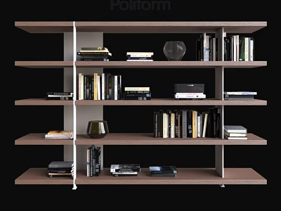 Modern Multi Layered Open Wooden Bookshelf With Stacked Books Decorative Vase And Ornaments 3d model
