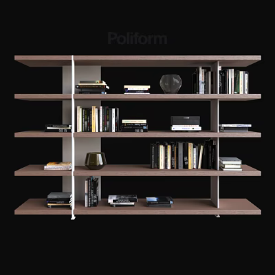Modern Multi Layered Open Wooden Bookshelf With Stacked Books Decorative Vase And Ornaments 3d model
