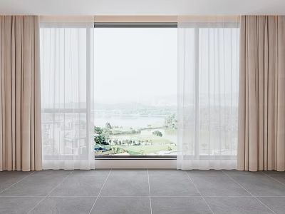 Layered Beige Curtains with Sheer Panels for Scenic Window Interior View 3d model
