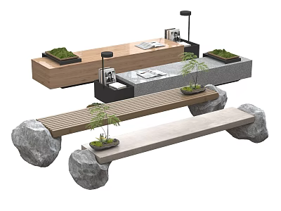 Natural Outdoor Landscape Seating With Stone Bases Wooden Slats And Small Plants 3d model