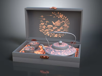 Carved Wooden Tea Box With Traditional Floral Teapot Teacup Patterns And Intricate Designs 3d model