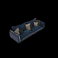 Stylish Two Seater Sofa With Navy Blue Velvet And Beige Linen Ruffled Cushions