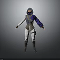 Hooded Woman In Blue Purple Sleeved Outfit With White Pants And Boots