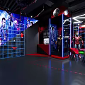 Modern Gym Interior With Fitness Equipment Red Accents And Neon Lighting