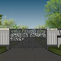 Ornate Building Facade Featuring Intricate Metal Screen With Floral Patterns And Green Plant Reflections